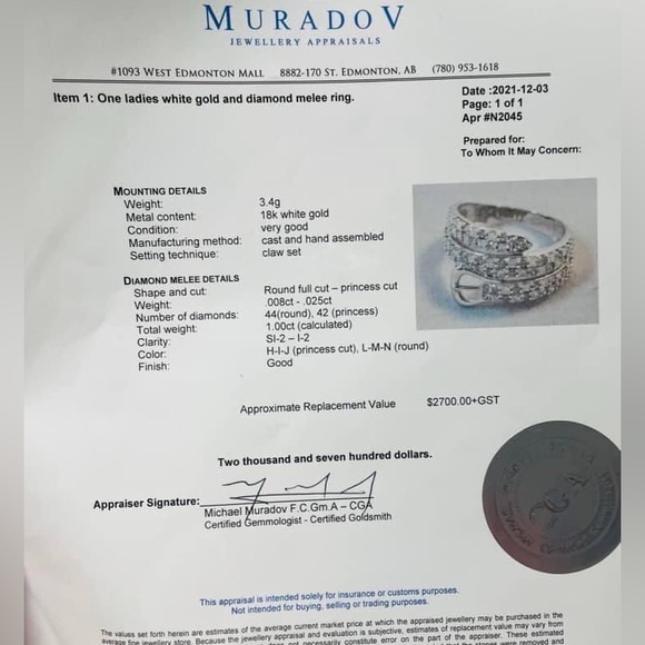 Natural Diamond 1 carat in 18K white gold Size 7 - Picture 2 of 2